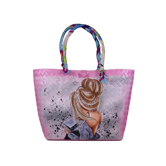 TRENDY & ARTSY HAND PAINTED LADY PRINT PINK BAG