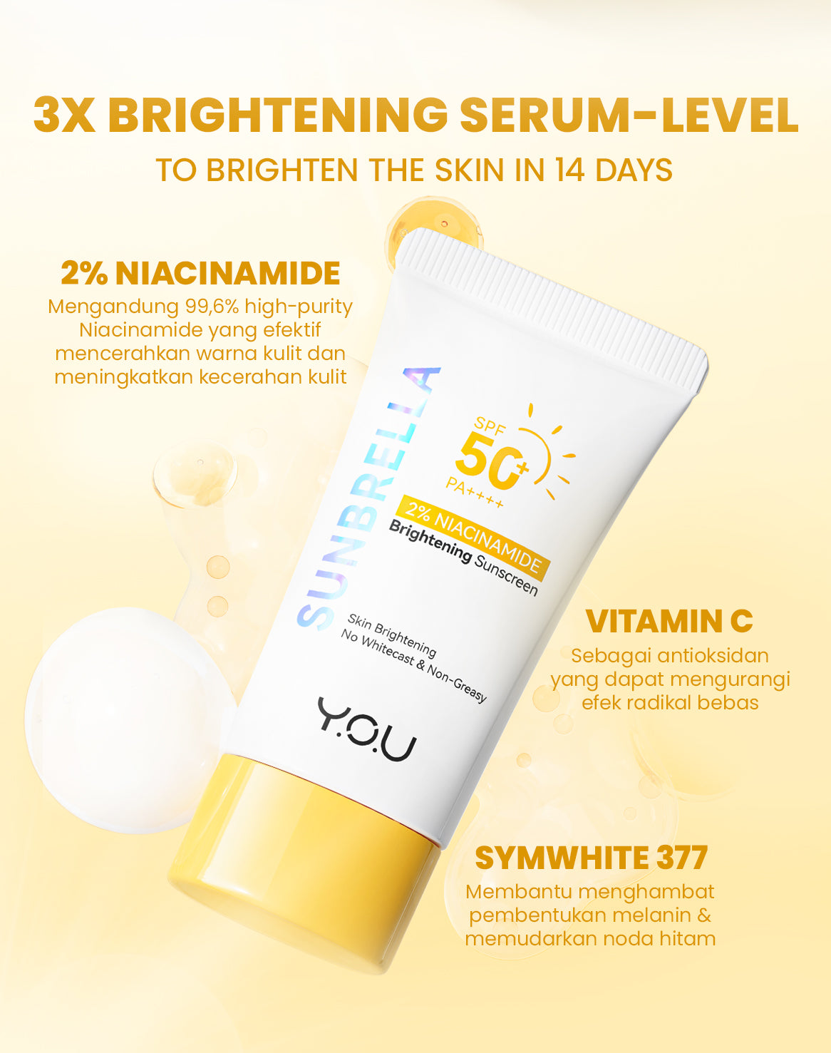 Y.O.U SUNBRELLA 2% NIACINAMIDE BRIGHTENING SUNSCREEN SPF50+ PA++++ - 30ML